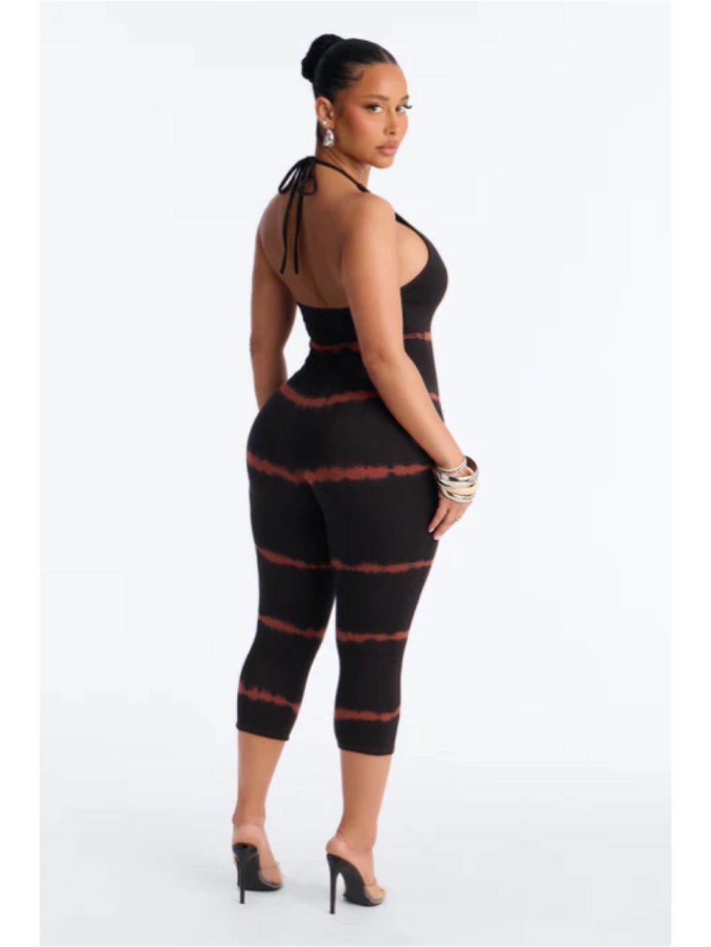 Kasey Tie Dye Halter Capri Leg Jumpsuit -  Black/Rust - Picture 9 of 9